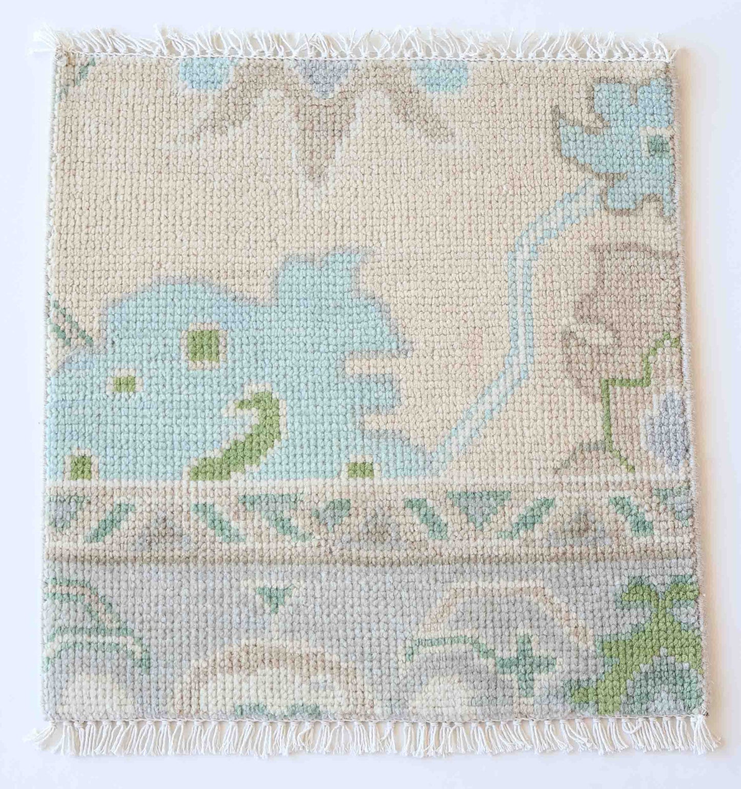 Handknotted wool rug sample in mist blue, sage, and ivory floral pattern – Fiona Rug Sample by Locust Lane Rugs