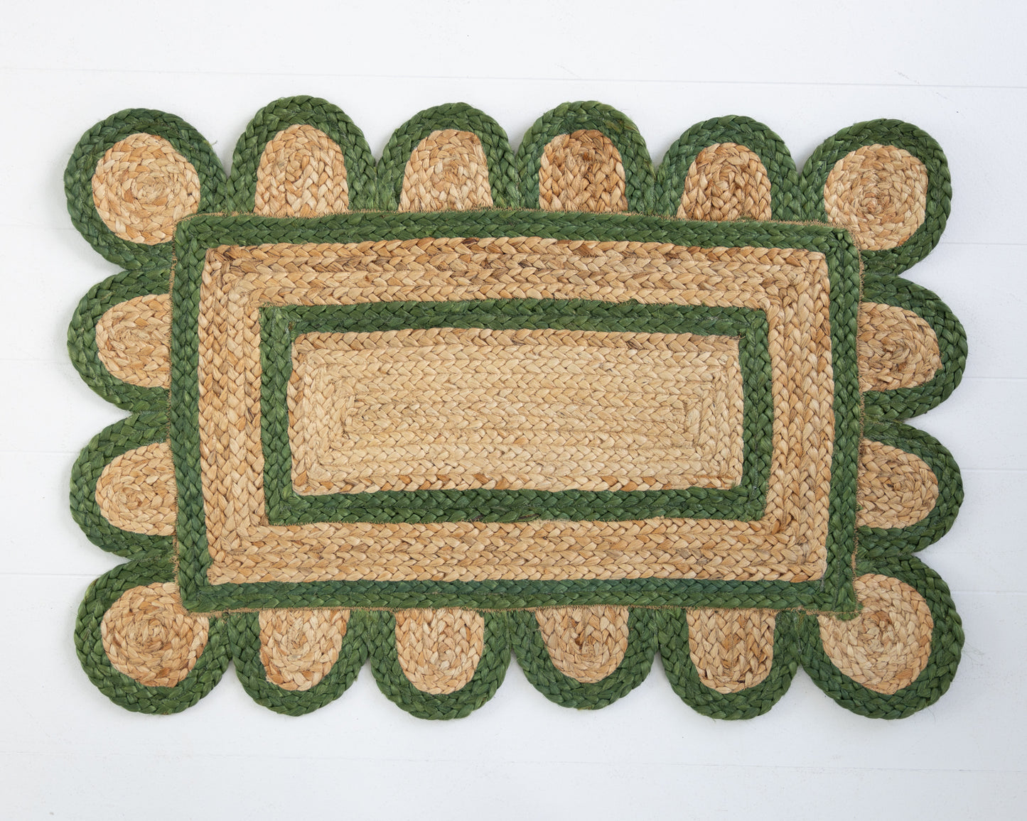 Hand-braided natural jute rug with forest green scalloped border and rectangular center – Forest Green Scalloped Jute Mini Rug by Locust Lane Rugs