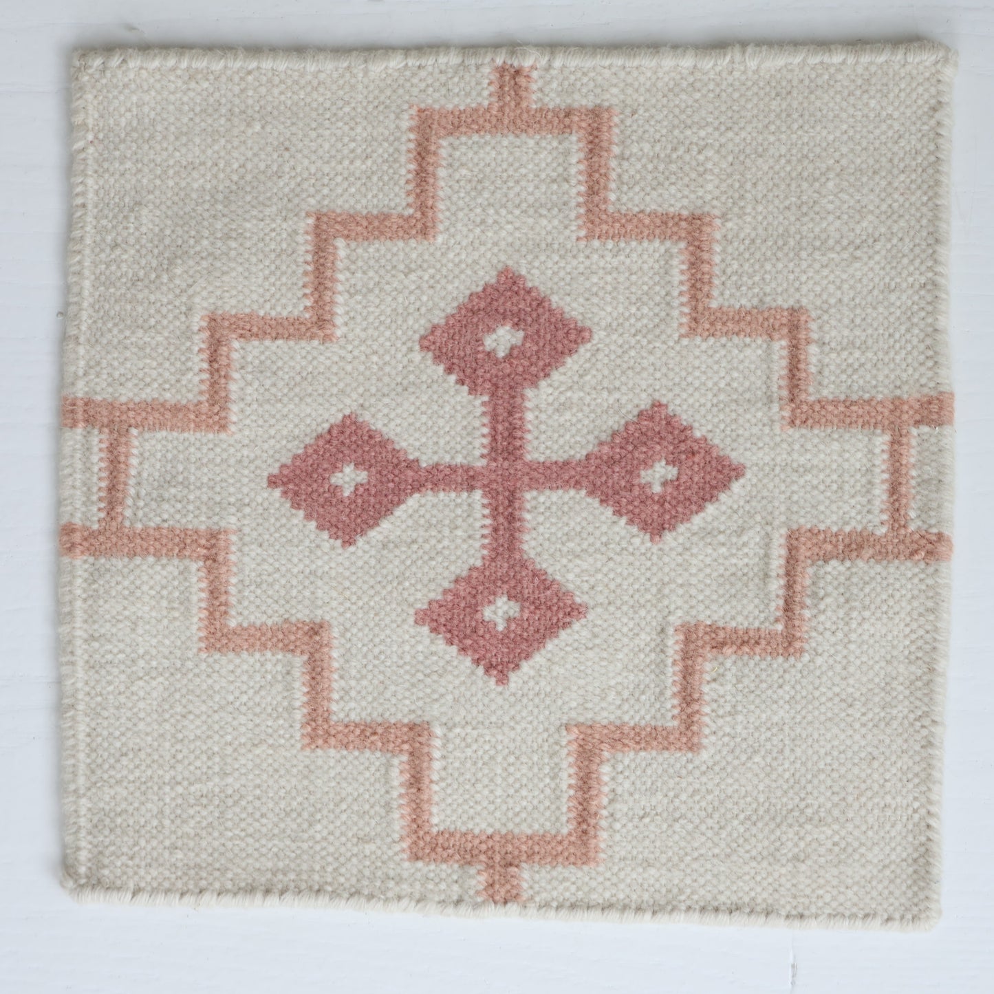 Handwoven wool rug sample in blush and cream geometric pattern – French Rose Flatweave Sample by Locust Lane Rugs