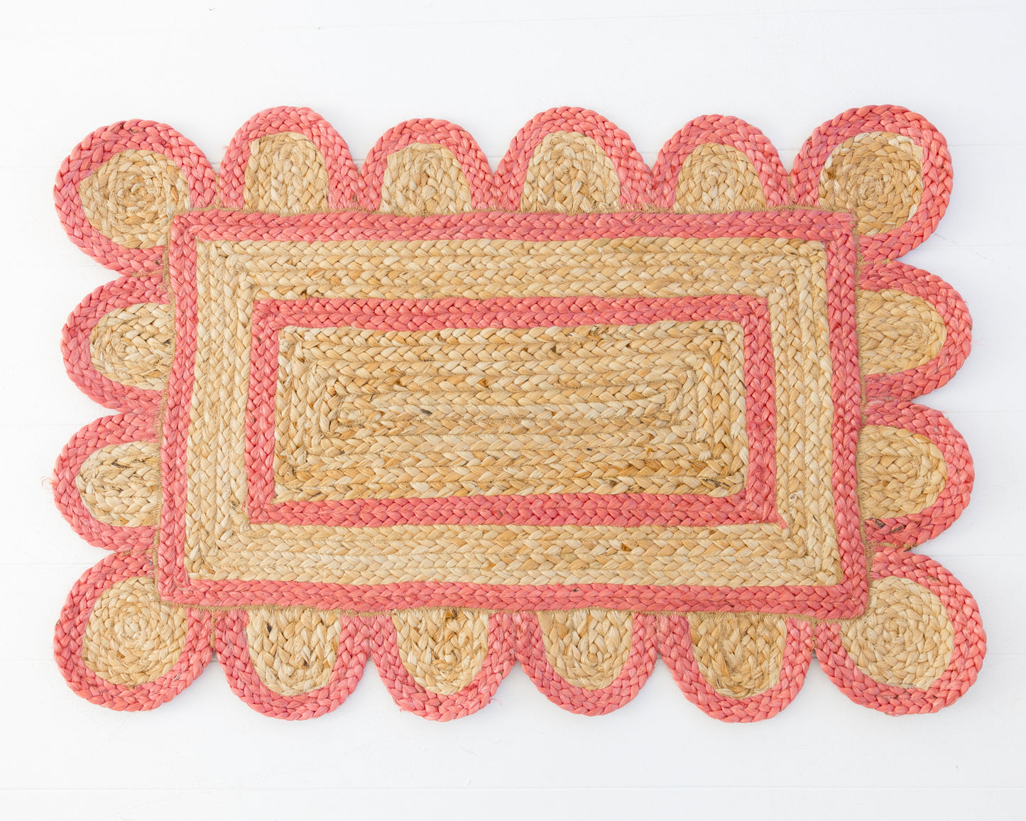 Hand-braided natural jute rug with coral scalloped border and rectangular center – Poppy Scalloped Jute Mini Rug by Locust Lane Rugs