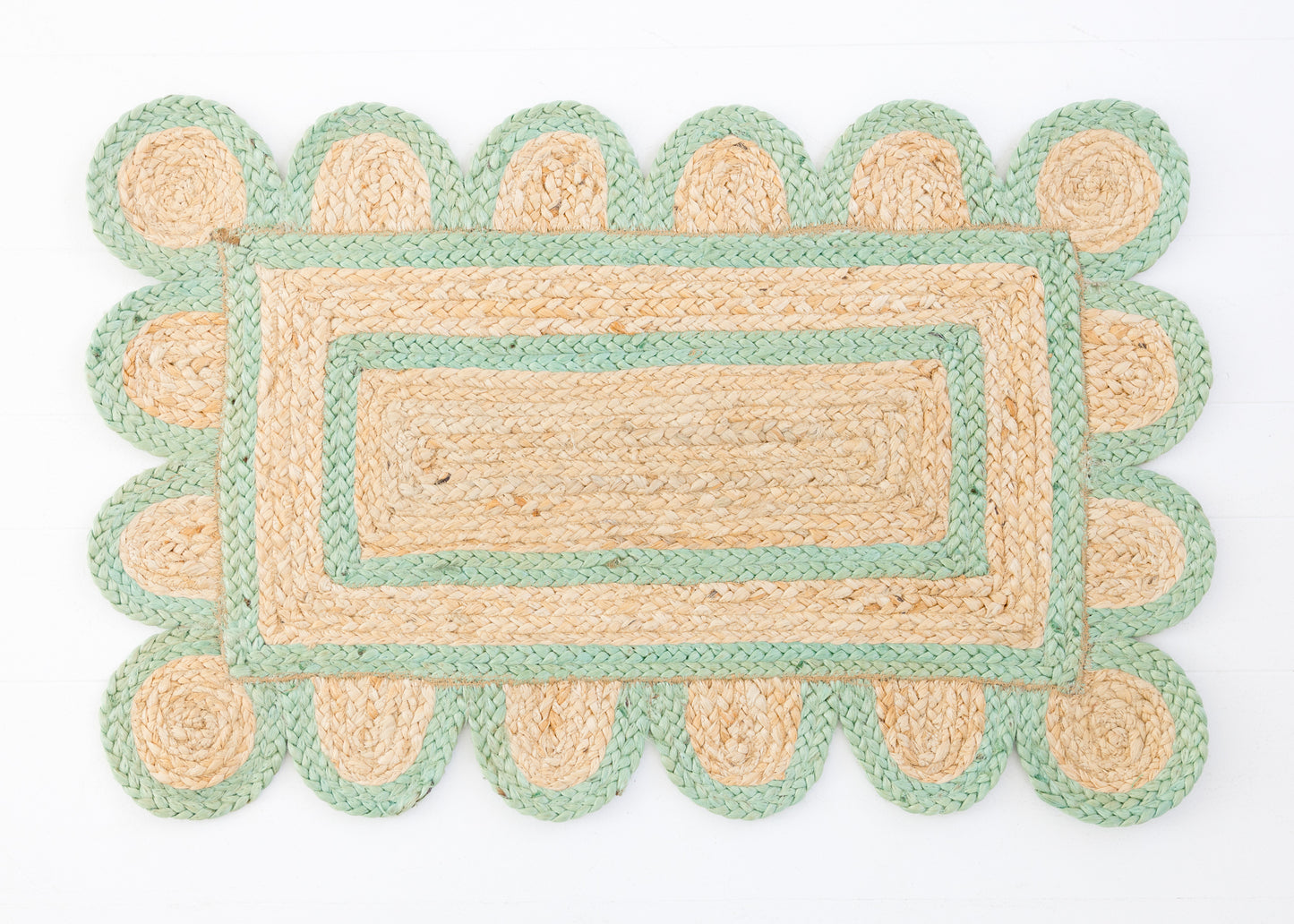 Hand-braided natural jute rug with soft teal scalloped border and rectangular center – Teal Scalloped Jute Mini Rug by Locust Lane Rugs