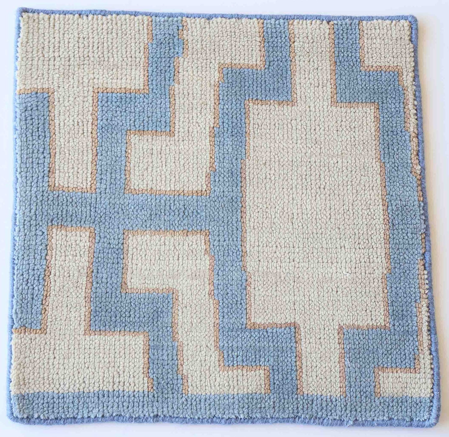 Hand-knotted wool rug sample in blue and sand geometric pattern – Della Rug Sample by Locust Lane Rugs