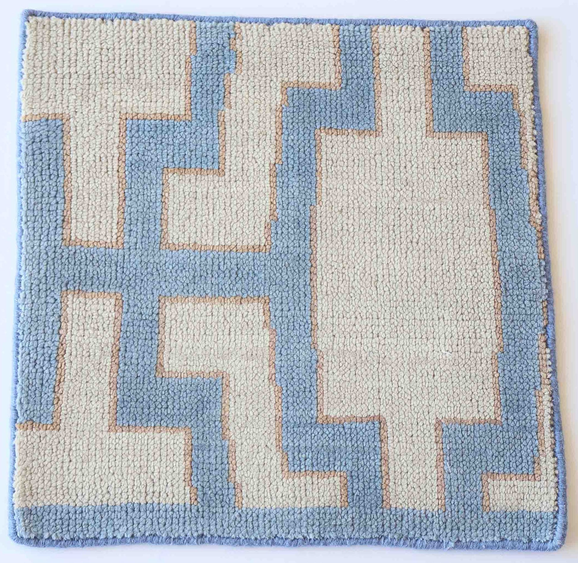 Hand-knotted wool rug sample in blue and sand geometric pattern – Della Rug Sample by Locust Lane Rugs
