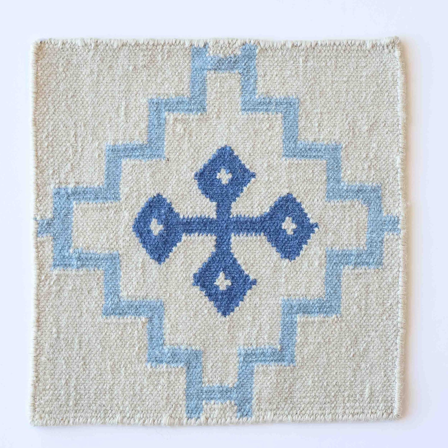 Handwoven wool rug sample in denim blue and cream geometric cross pattern – Denim Cross Flatweave Sample by Locust Lane Rugs