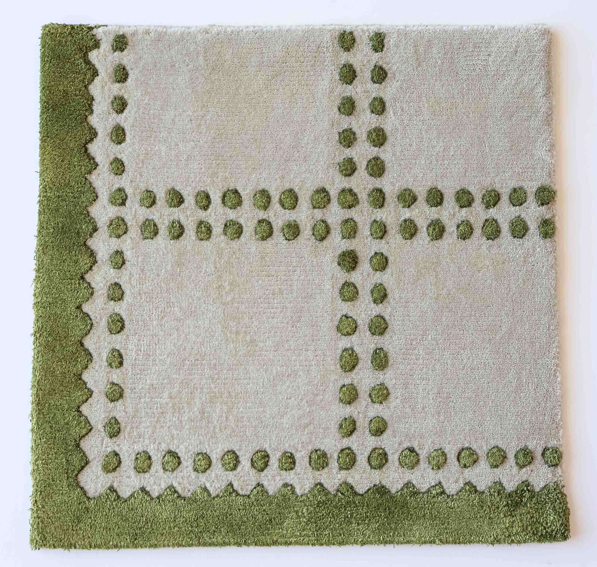 Handknotted silk and wool rug sample in pistachio green and ivory with dotted cross and scalloped border – Dottie Rug Sample by Locust Lane Rugs