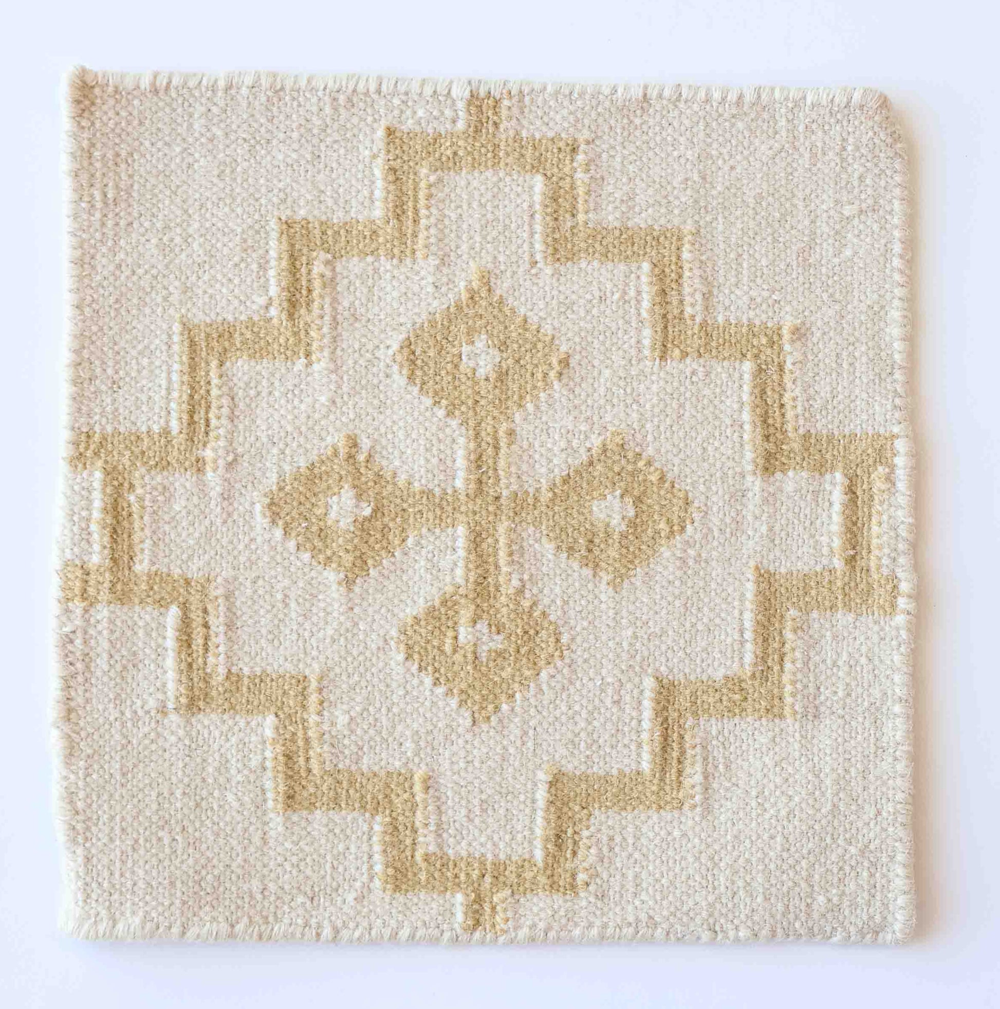 Handwoven wool rug sample in cream and golden wheat geometric cross pattern – Gold Cross Flatweave Sample by Locust Lane Rugs