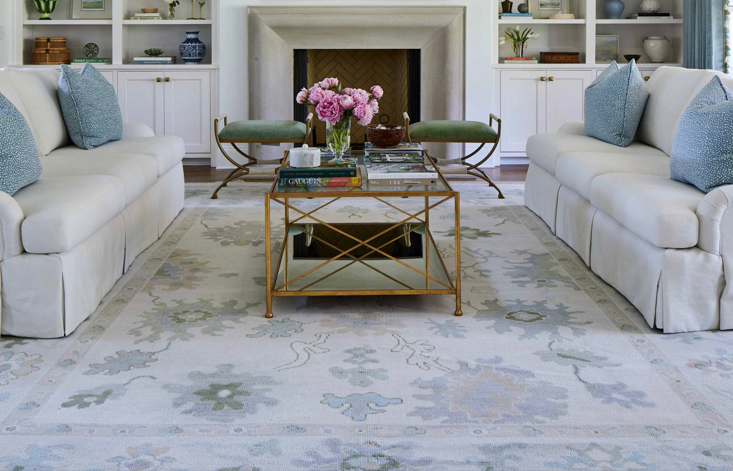 Opal hand-knotted wool rug in soft blue, blush, olive, and ivory from Locust Lane Rugs