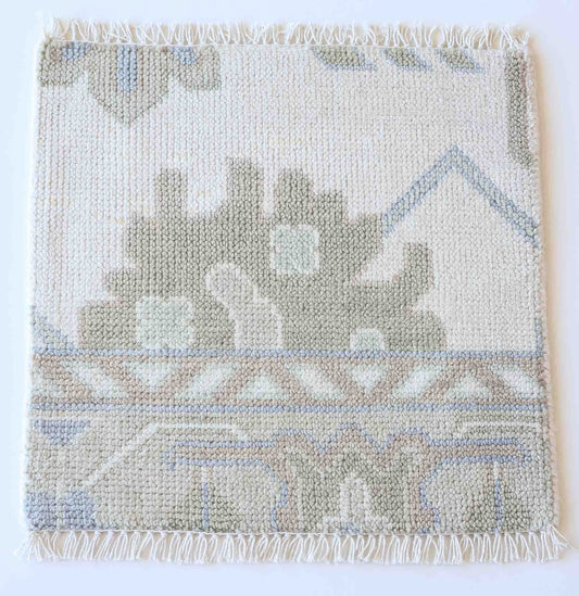 Handknotted wool rug sample in ivory, taupe, and mist blue with subtle Oushak pattern – Pearl Rug Sample by Locust Lane Rugs