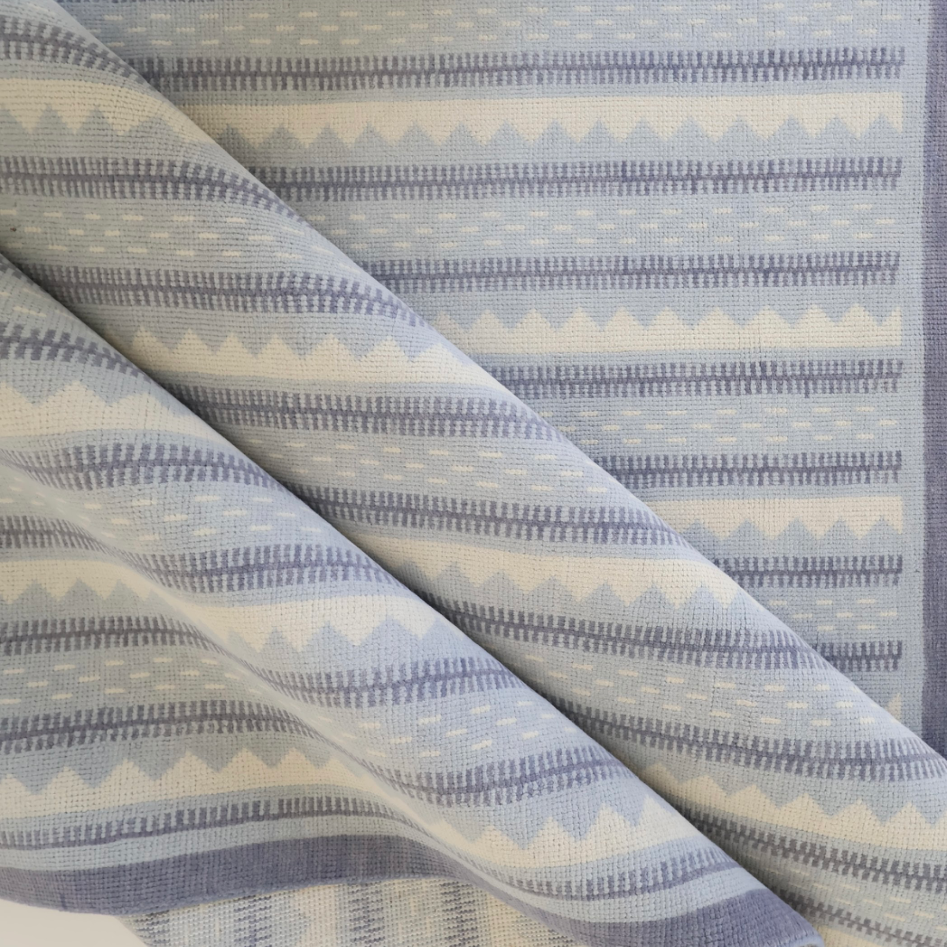 Blue and ivory striped rug with modern Oushak geometric detailing — Heritage Stripe Blue Modern Oushak Rug by Locust Lane Rugs