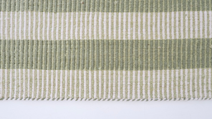 Green and ivory striped handwoven rug made from a durable jute and wool blend — Broken Stripe Green Rug by Locust Lane Rugs