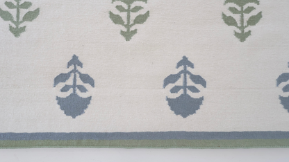 Flatweave rug with blue and green floral motifs and coordinating border, reversible construction — Cottage Floral Blue & Green Rug by Locust Lane Rugs