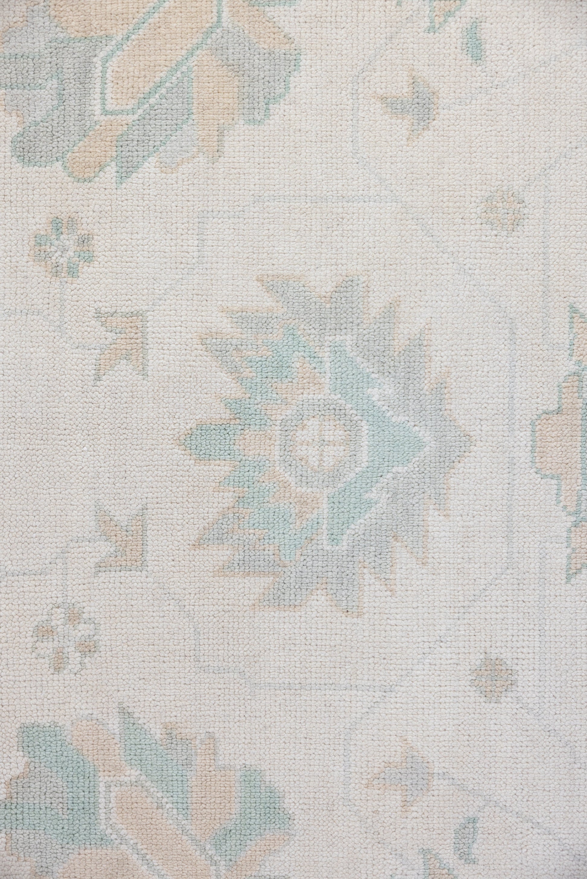 Hand-knotted wool rug in ivory with soft seafoam and sand Oushak motifs – Weezie Modern Oushak Rug by Locust Lane Rugs
