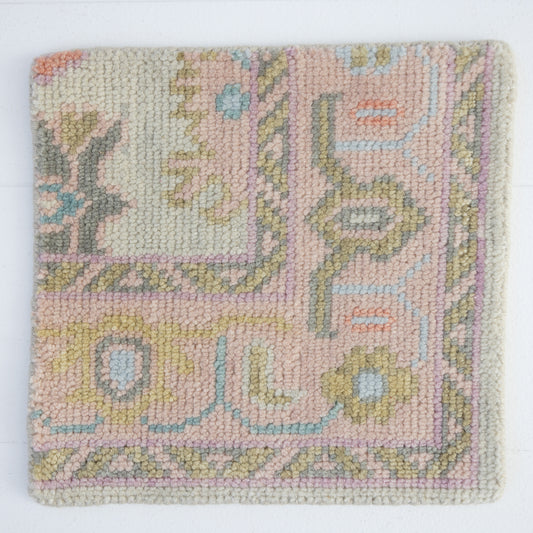Hand-knotted Oushak rug sample in blush, gold, and soft blue tones – Anabel Rug Sample by Locust Lane Rugs