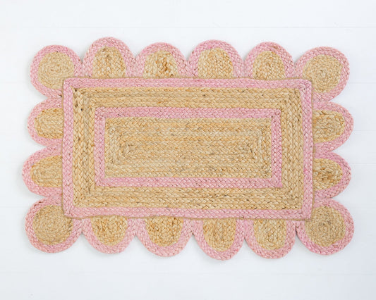 Hand-braided natural jute rug with bright pink scalloped border and rectangular center – Bright Pink Scalloped Jute Mini Rug by Locust Lane Rugs