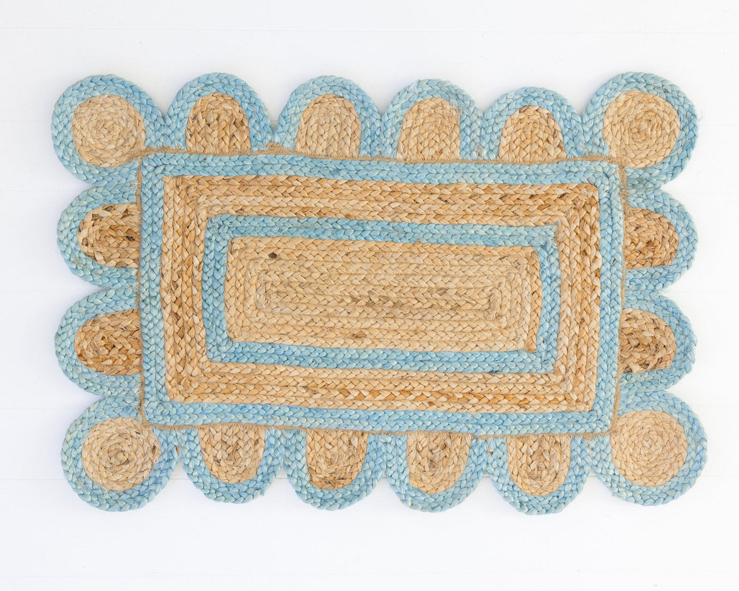 Hand-braided natural jute rug with soft frost blue scalloped border and rectangular center – Frost Blue Scalloped Jute Mini Rug by Locust Lane Rugs