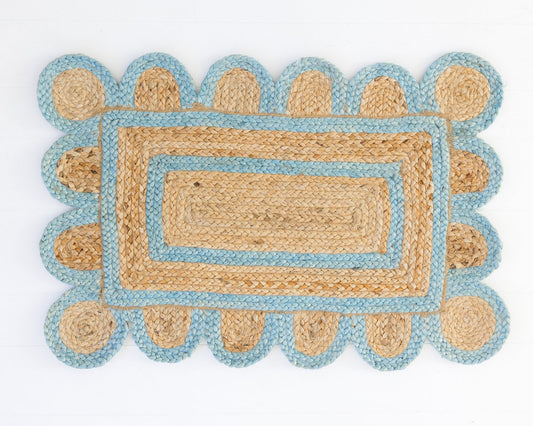 Hand-braided natural jute rug with soft frost blue scalloped border and rectangular center – Frost Blue Scalloped Jute Mini Rug by Locust Lane Rugs