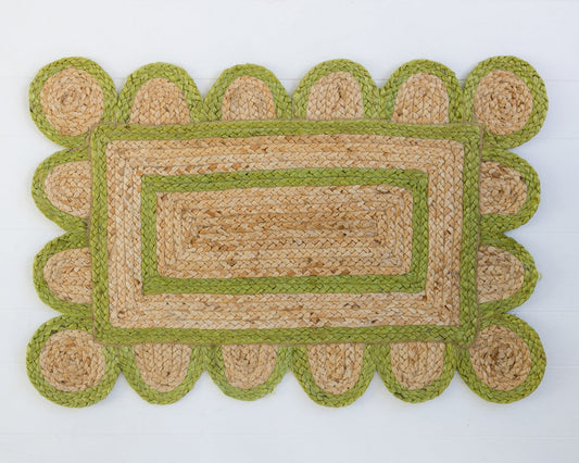 Hand-braided natural jute rug with scalloped grass green border and rectangular center – Grass Green Scalloped Jute Mini Rug by Locust Lane Rugs