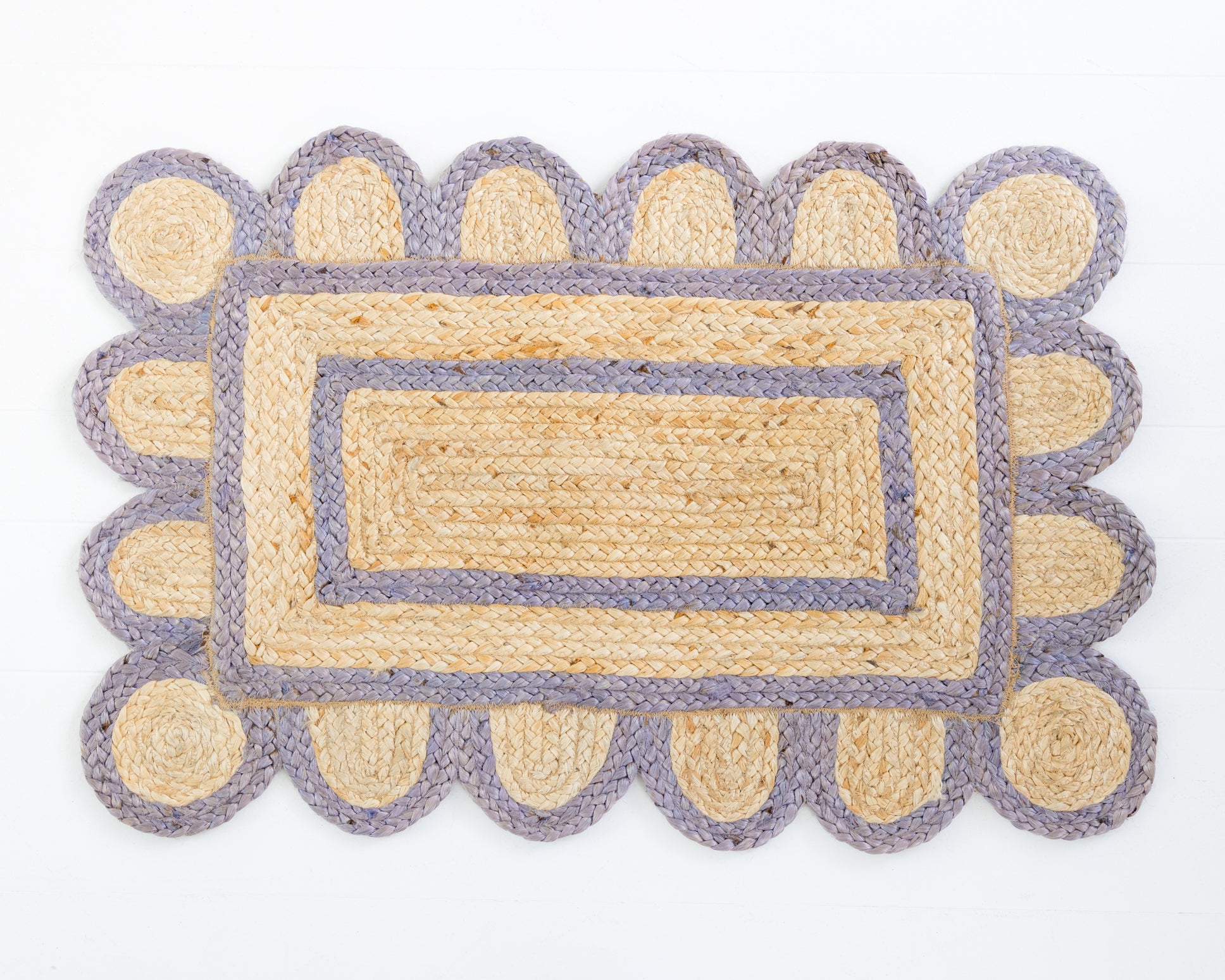 Hand-braided natural jute rug with scalloped lilac border and rectangular center – Lilac Scalloped Jute Mini Rug by Locust Lane Rugs