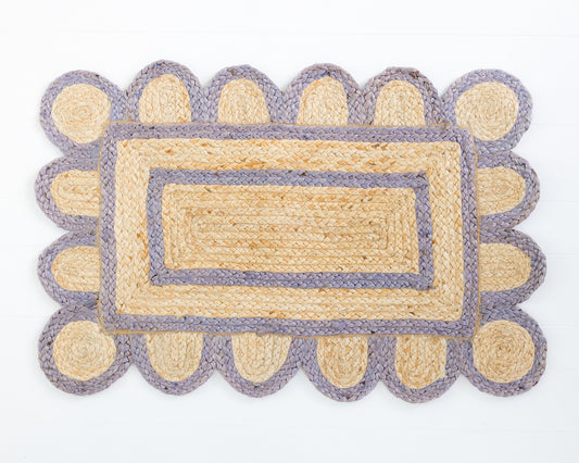 Hand-braided natural jute rug with scalloped lilac border and rectangular center – Lilac Scalloped Jute Mini Rug by Locust Lane Rugs