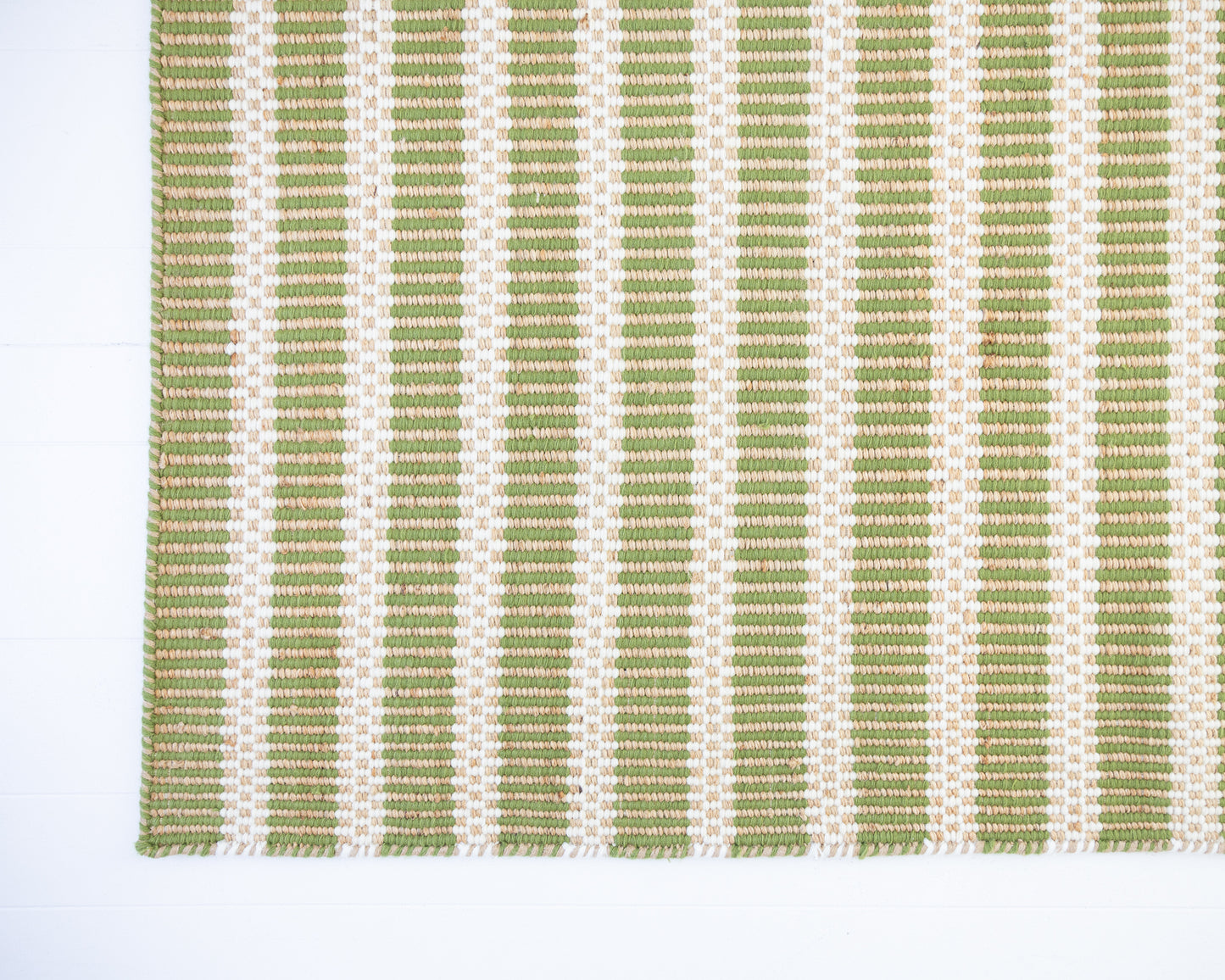 Handwoven jute and wool rug with green, ivory, and natural stripes – Pea Green Jute & Wool Rug by Locust Lane Rugs