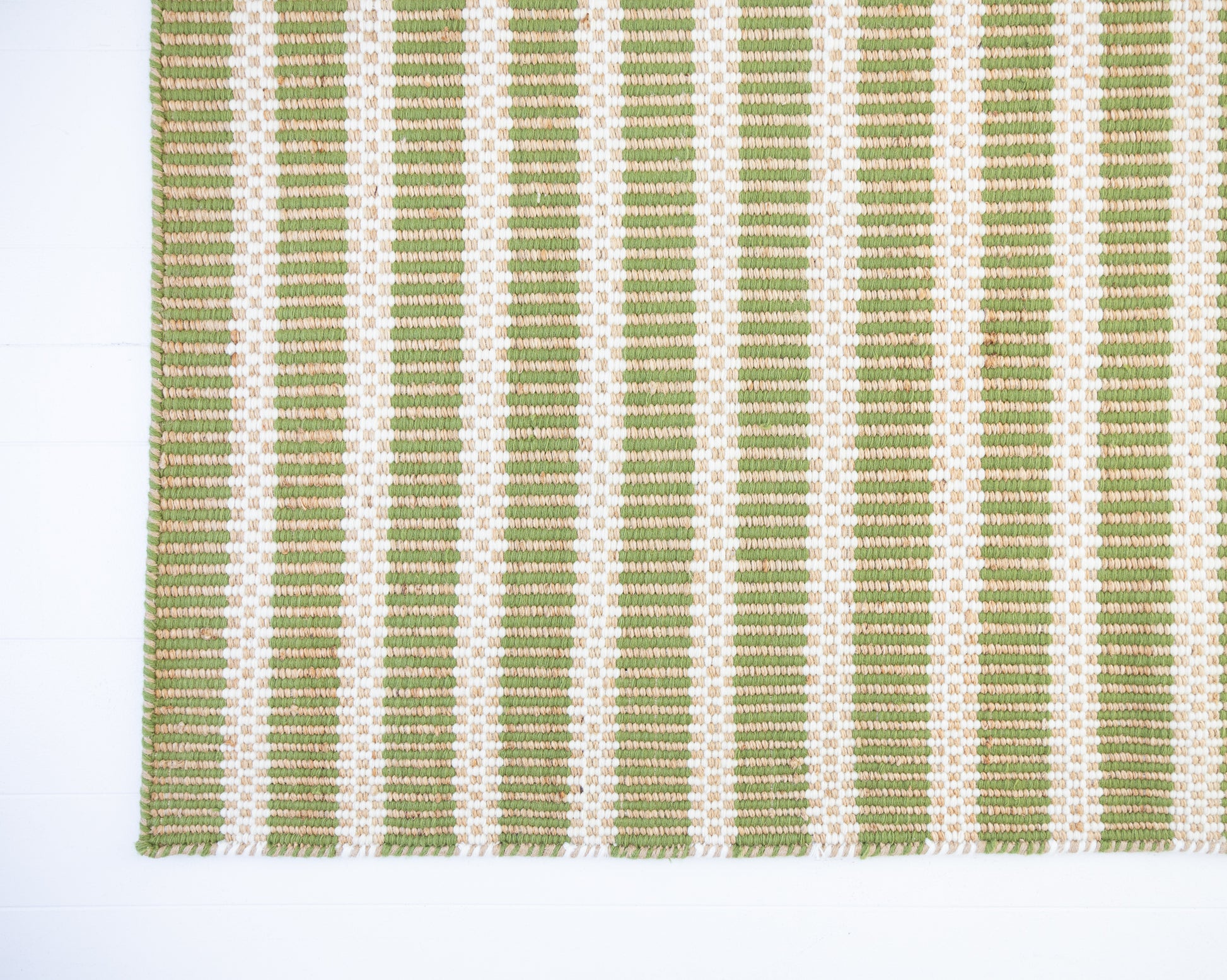Handwoven jute and wool rug with green, ivory, and natural stripes – Pea Green Jute & Wool Rug by Locust Lane Rugs