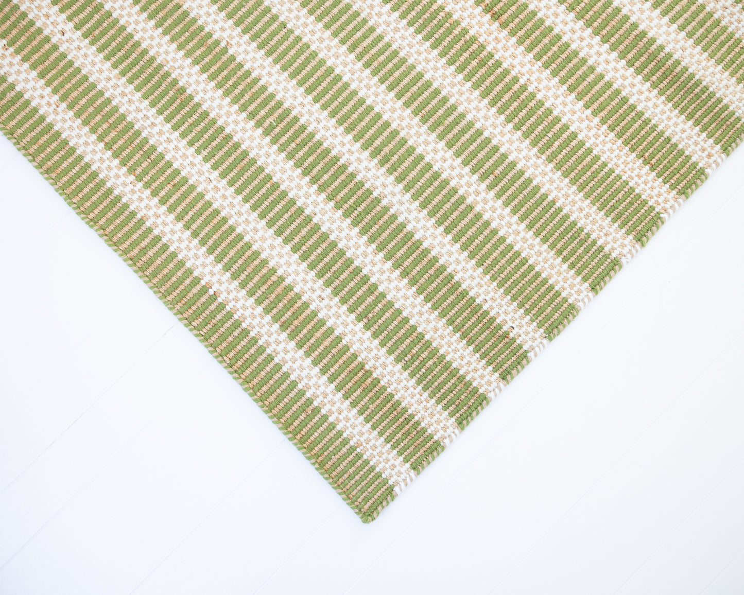 Handwoven jute and wool rug with green, ivory, and natural stripes – Pea Green Jute & Wool Rug by Locust Lane Rugs