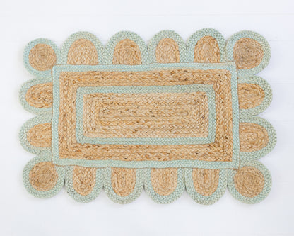 Hand-braided natural jute rug with scalloped sea blue border and rectangular woven center – Sea Blue Scalloped Jute Rug by Locust Lane Rugs