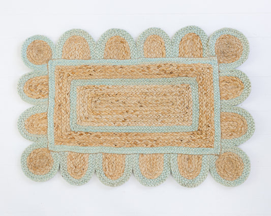 Hand-braided natural jute rug with scalloped sea blue border and rectangular woven center – Sea Blue Scalloped Jute Rug by Locust Lane Rugs