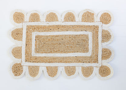 Hand-braided natural jute rug with white scalloped border and rectangular center – White Scalloped Jute Mini Rug by Locust Lane Rugs